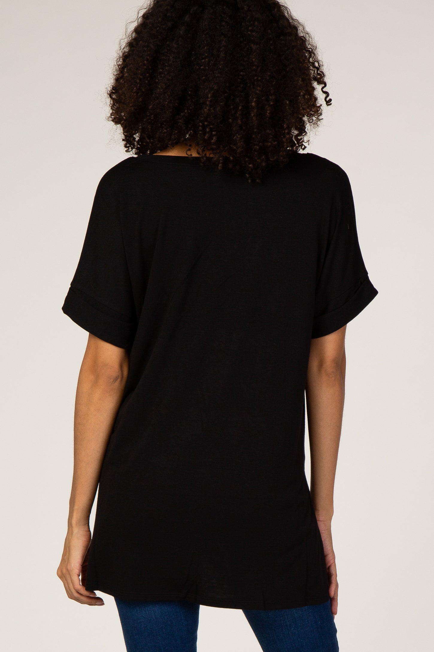 Black V-Neck Cuffed Short Sleeve Maternity Top