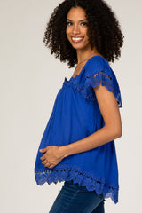 Blue Crochet Edge Flowy Sleeve Maternity Top