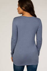 Slate Blue V-Neck Fitted Long Sleeve Maternity Top