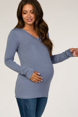 Slate Blue V-Neck Fitted Long Sleeve Maternity Top