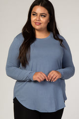 Slate Blue Basic Long Sleeve Plus Shirt
