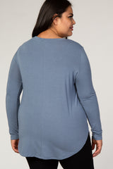 Slate Blue Basic Long Sleeve Plus Shirt