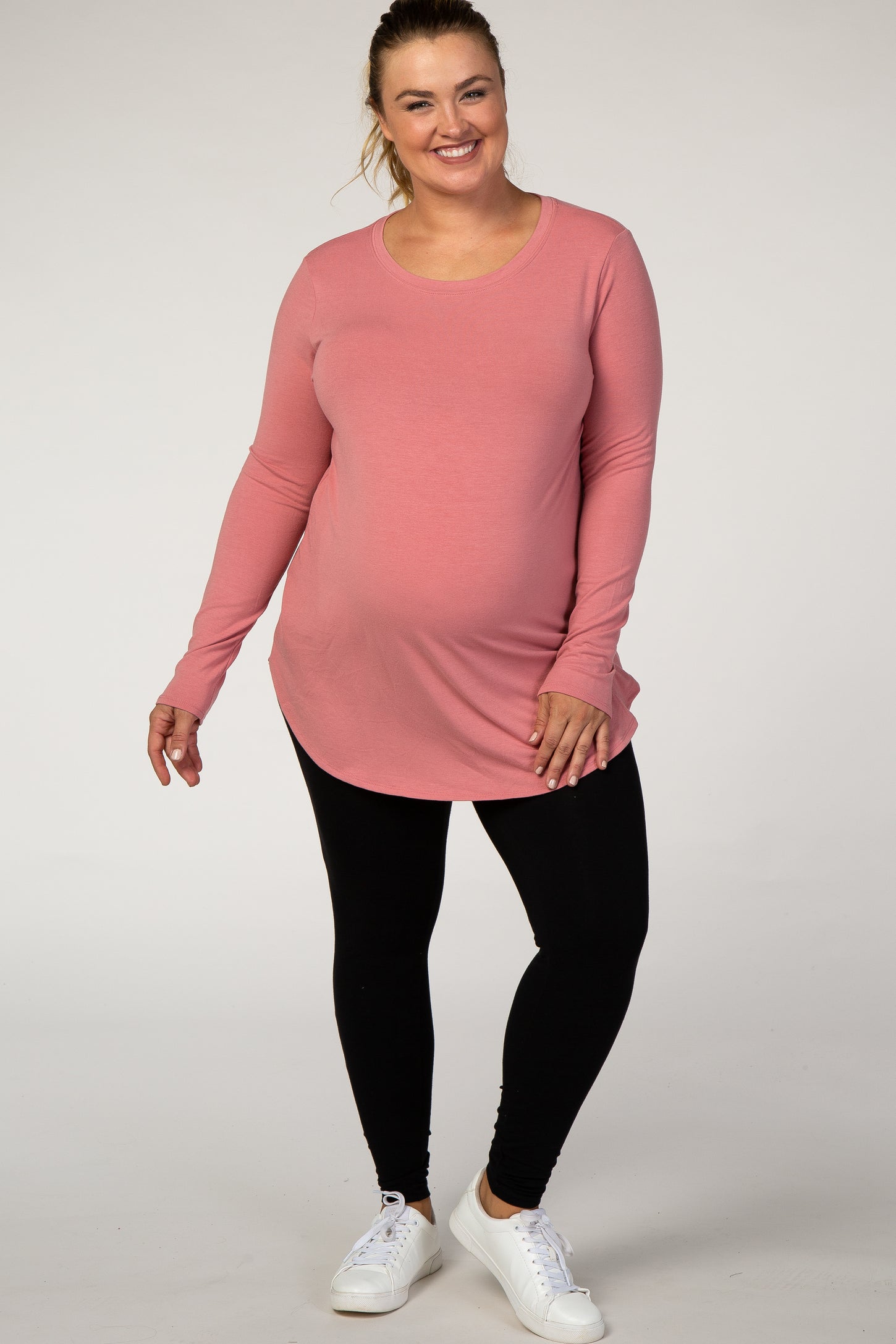 Pink Basic Long Sleeve Plus Maternity Shirt