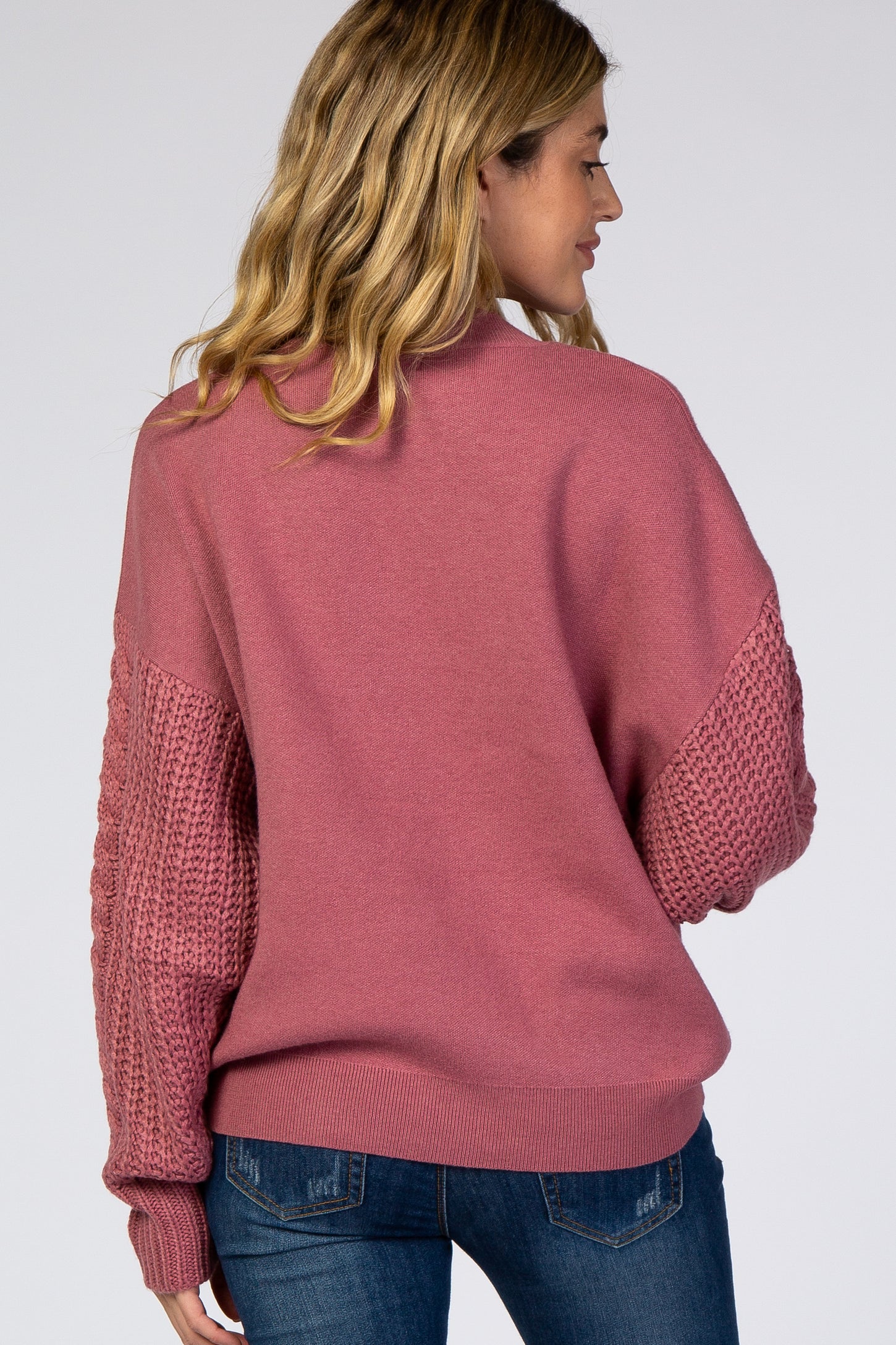 Mauve Cable Knit Sleeve Mock Neck Maternity Sweater