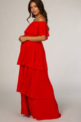 Red Pleated Ruffle Tiered Maternity Maxi Dress