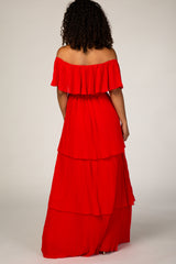 Red Pleated Ruffle Tiered Maxi Dress