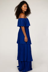 Royal Blue Pleated Ruffle Tiered Maxi Dress
