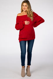 Red Soft Chenille Off Shoulder Foldover Maternity Sweater