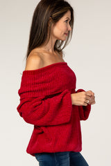 Red Soft Chenille Off Shoulder Foldover Sweater