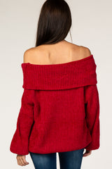 Red Soft Chenille Off Shoulder Foldover Sweater