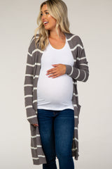 Grey Knit Striped Maternity Cardigan