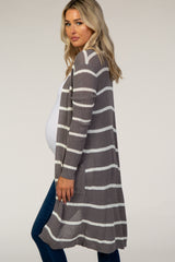 Grey Knit Striped Maternity Cardigan