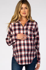 Red Plaid Long Sleeve Button Down Maternity Top