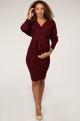 Burgundy Ribbed Fitted Wrap Front Maternity Dress
