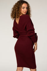Burgundy Ribbed Fitted Wrap Front Maternity Dress