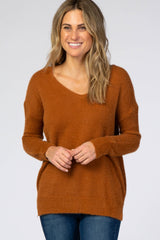 Camel Fuzzy Knit V-Neck Sweater