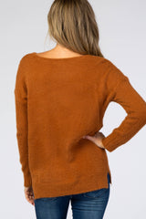 Camel Fuzzy Knit V-Neck Sweater