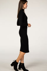 Black Ribbed Fitted Mock Neck Long Sleeve Midi Dress