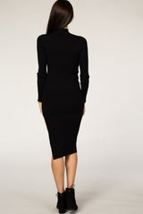 Black Ribbed Fitted Mock Neck Long Sleeve Midi Dress
