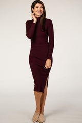 Burgundy Ribbed Fitted Mock Neck Long Sleeve Midi Dress
