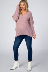 Mauve Soft Knit V-Neck Maternity Sweater