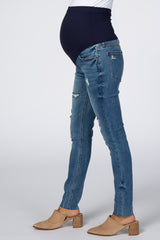 Blue Distressed Raw Hem Maternity Skinny Jeans