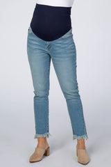 Blue Fringe Hem Crop Maternity Jeans
