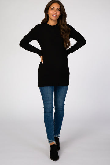 Black Ribbed Long Sleeve Mock Neck Maternity Top