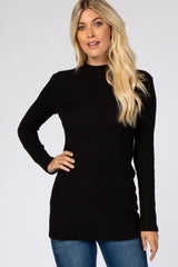 Black Ribbed Long Sleeve Mock Neck Top