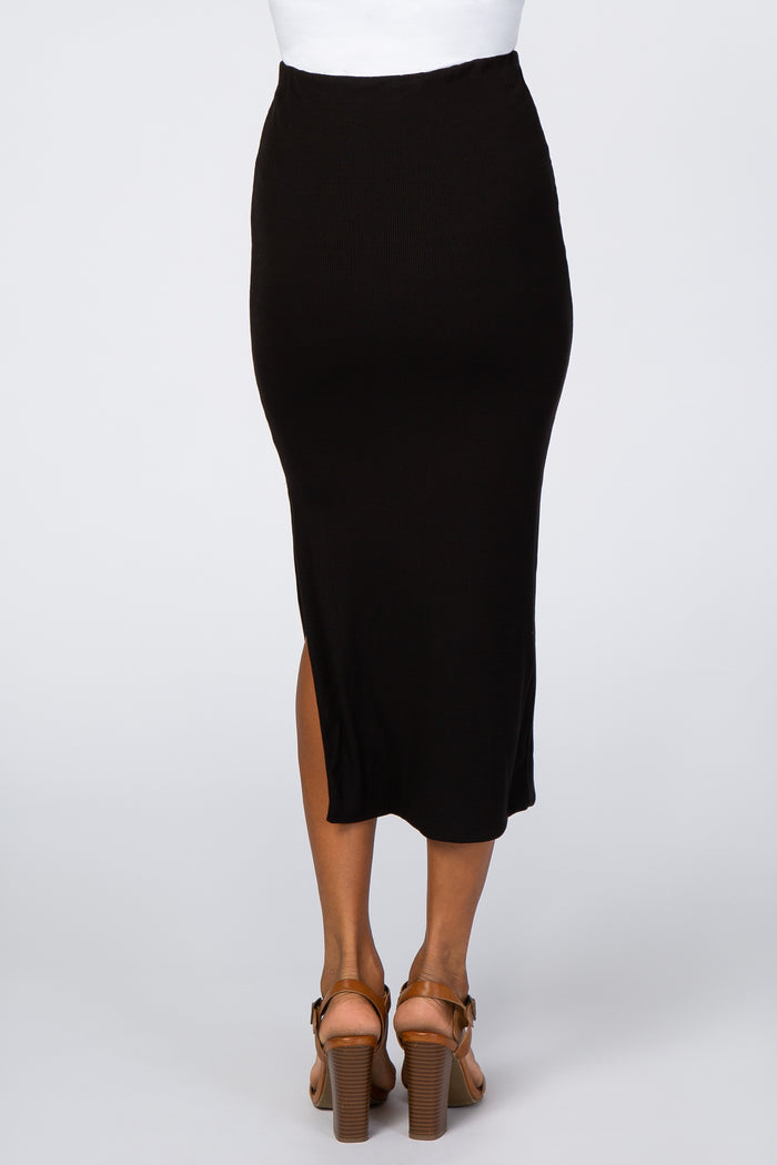Black Ribbed Side Slit Midi Skirt