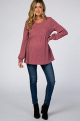 Mauve Textured Knit Babydoll Long Sleeve Maternity Top