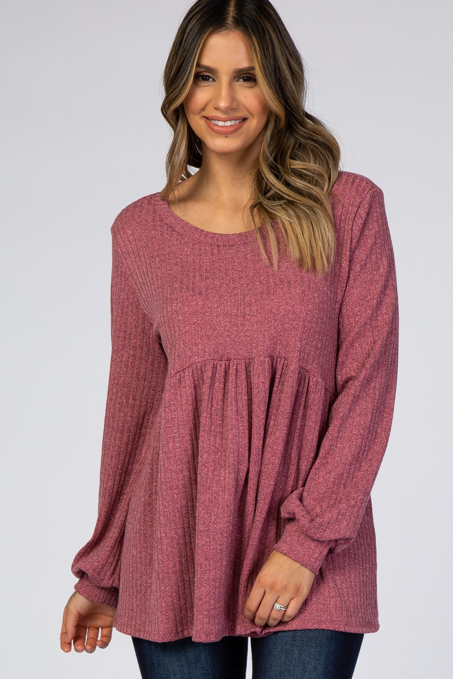 Mauve Textured Knit Babydoll Long Sleeve Top