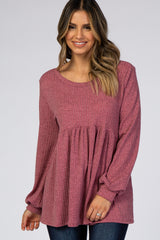 Mauve Textured Knit Babydoll Long Sleeve Top