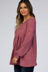 Mauve Textured Knit Babydoll Long Sleeve Top