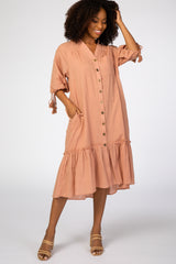 Pink  Linen Button Front Ruffled Hem Maternity Midi Dress
