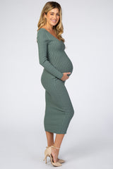Olive V-Neck Long Sleeve Fitted Maternity Maxi Dress