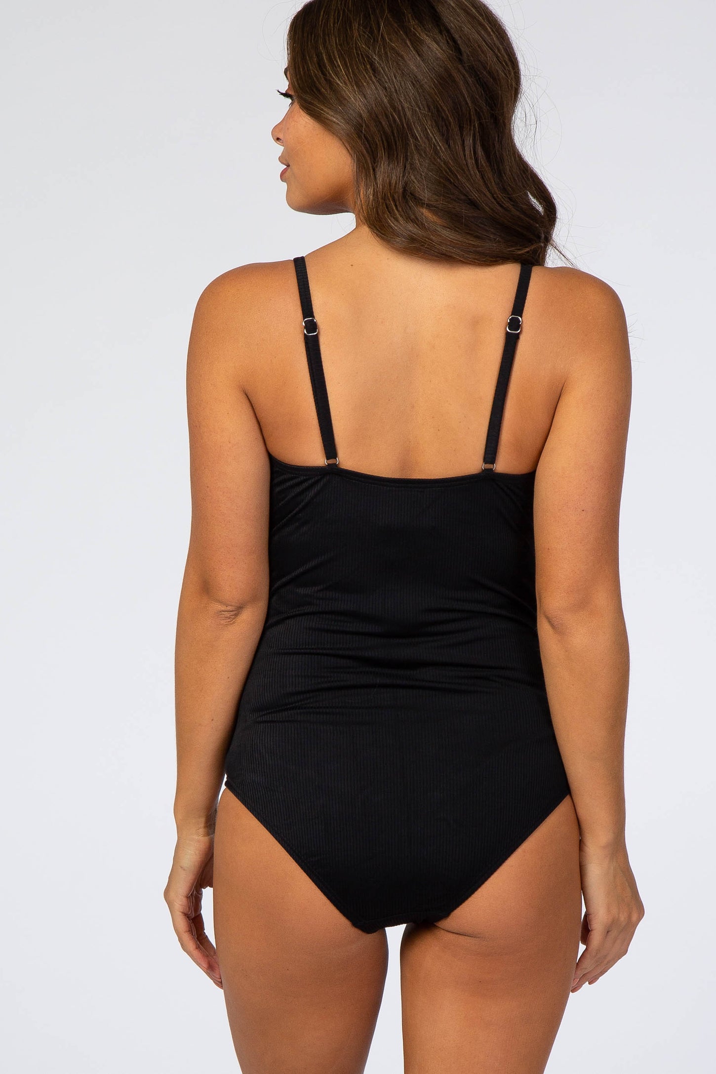 Black Ribbed Snap Front One-Piece Maternity Swimsuit