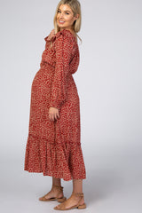 Rust Floral Square Neck Ruffle Long Sleeve Maternity Midi Dress