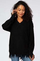 Black Fringe Hem V-Neck Maternity Sweater