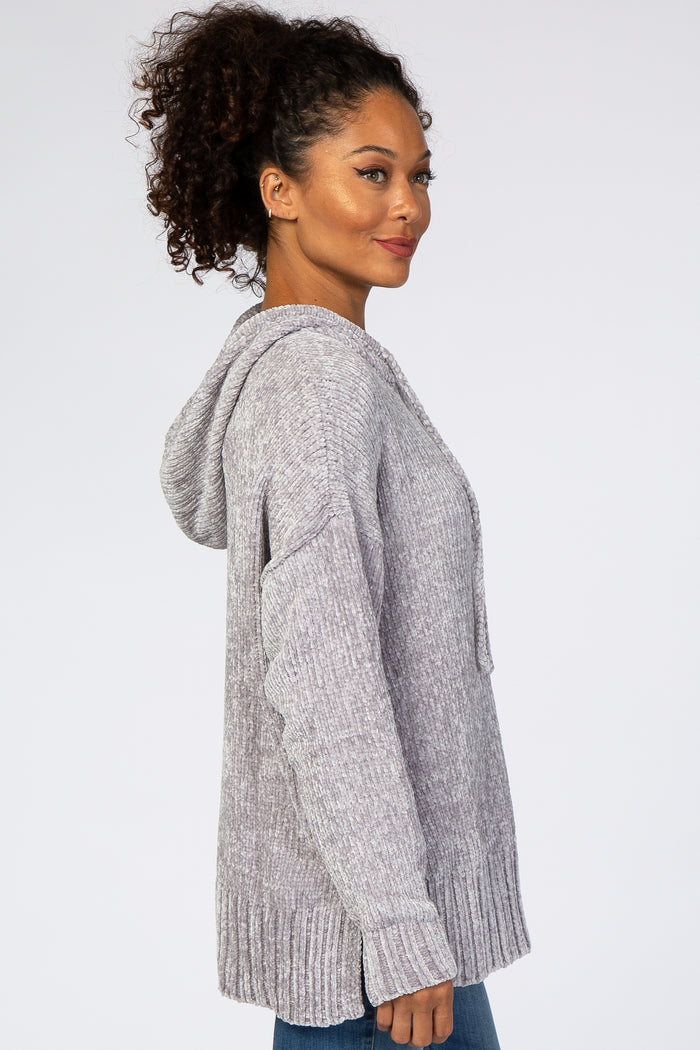 Heather Grey Chenille V-Neck Hooded Sweater