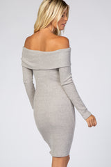 Heather Grey Soft Ribbed Folded Neck Off Shoulder Dress