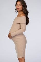 Mocha Soft Ribbed Folded Neck Off Shoulder Maternity Dress