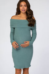 Teal Soft Ribbed Folded Neck Off Shoulder Maternity Dress
