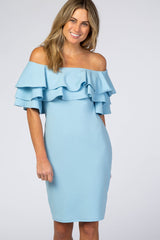 Turquoise Layered Ruffle Off Shoulder Fitted Maternity Dress