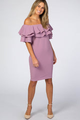 Violet Layered Ruffle Off Shoulder Fitted Maternity Dress