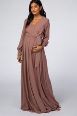 Mauve Chiffon Long Sleeve Maternity Maxi Dress
