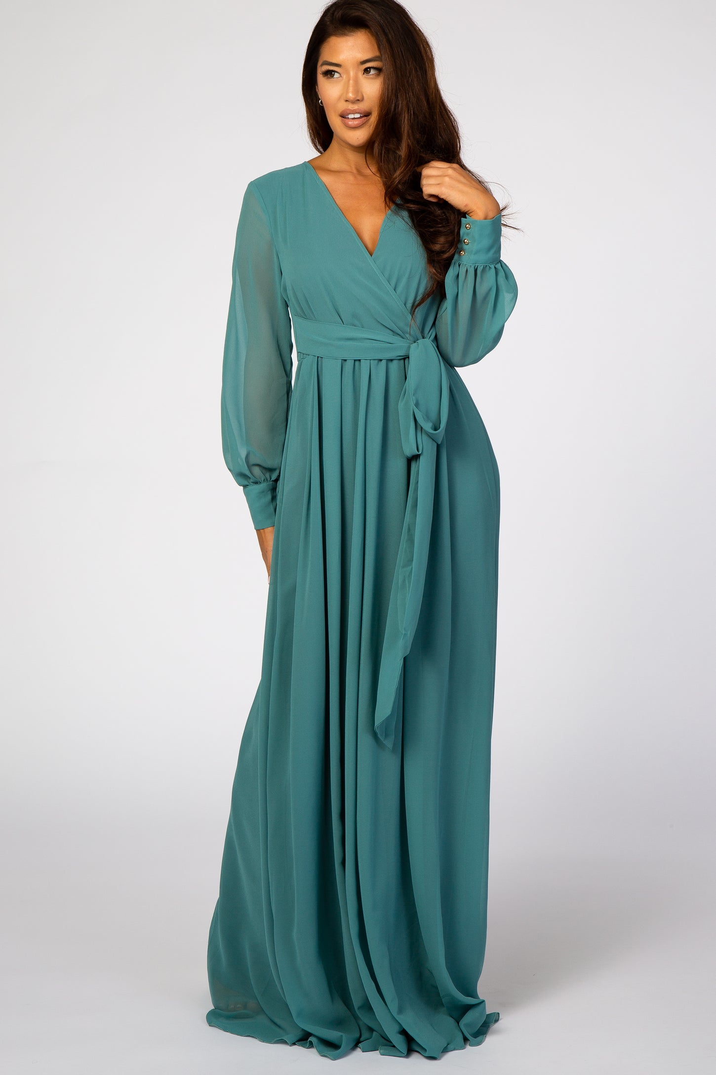 Jade Chiffon Long Sleeve Maternity Maxi Dress