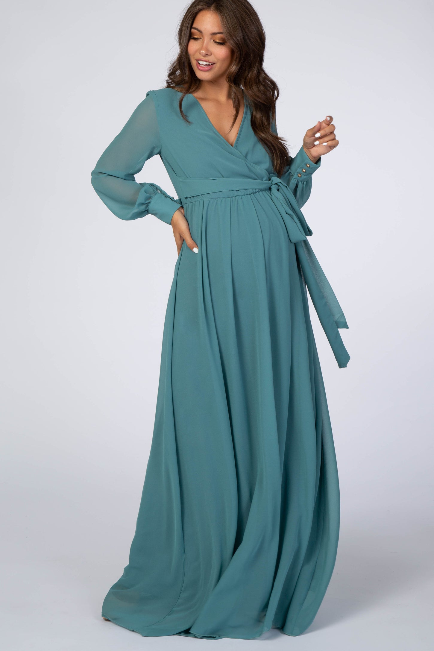 Jade Chiffon Long Sleeve Maternity Maxi Dress