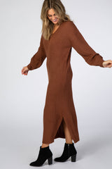 Brown V-Neck Ribbed Sweater Dress