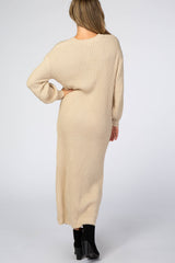 Beige V-Neck Ribbed Sweater Dress